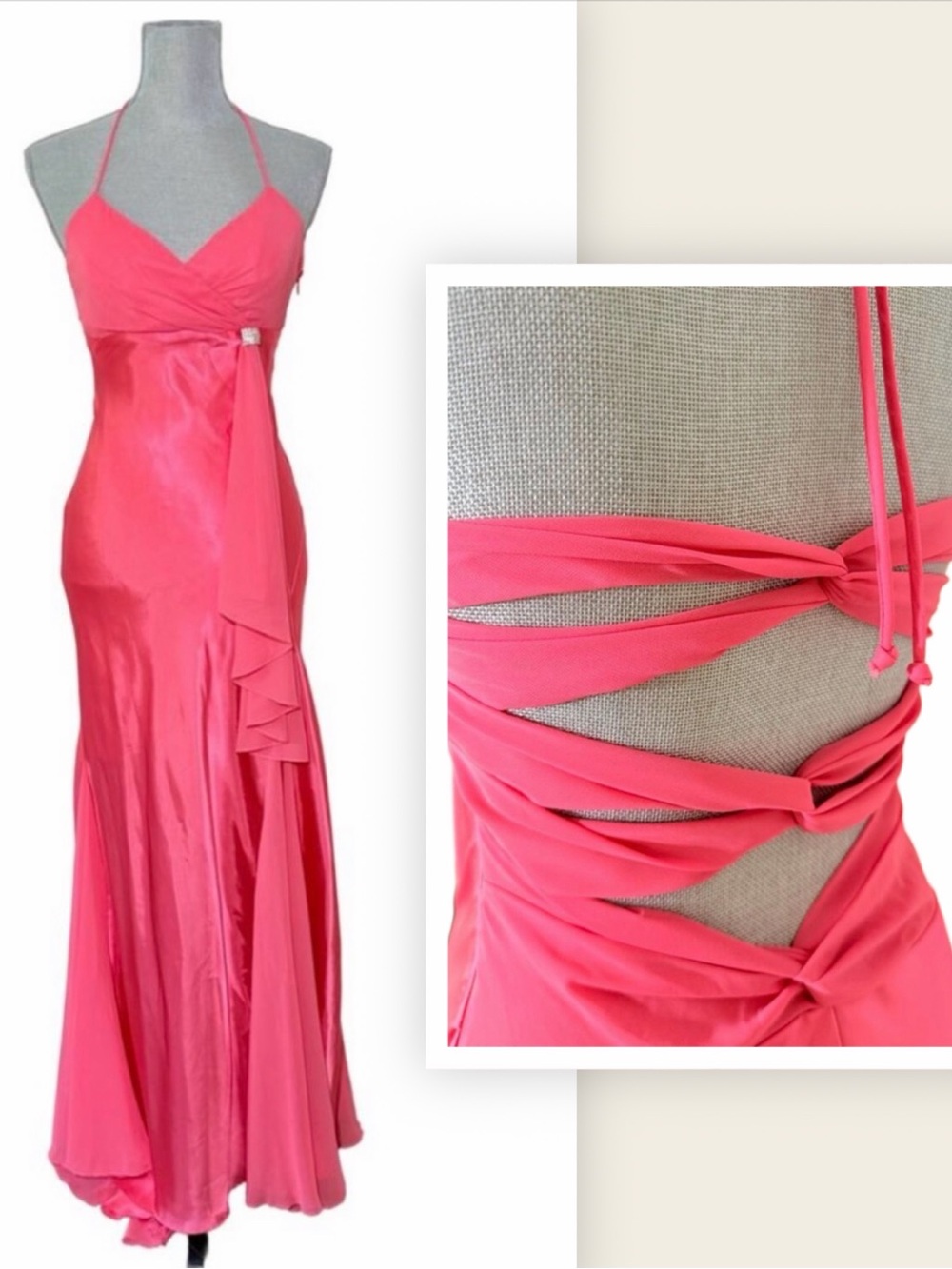 Hot Pink Mermaid long dress gown Cutout Halter Rhinestone Ruffle Formal Dress xs